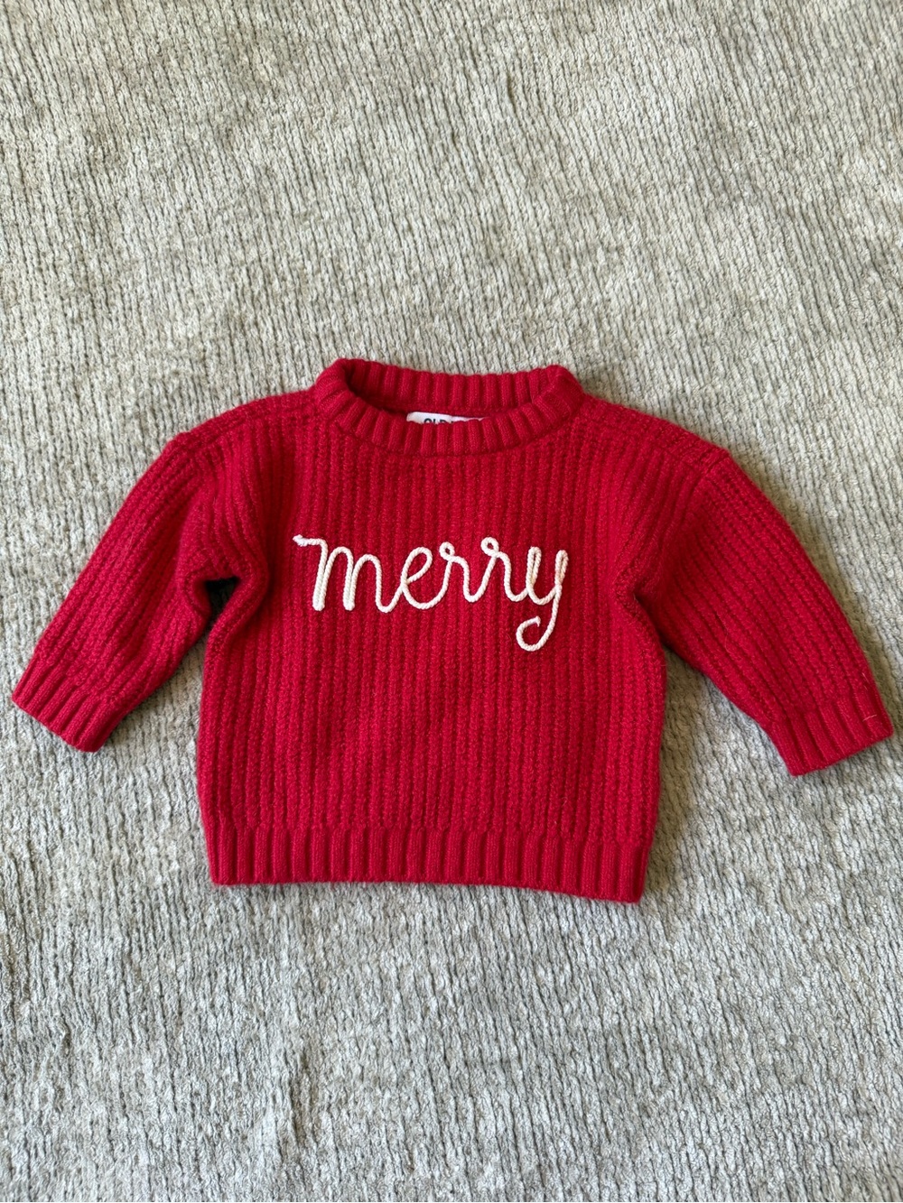 Old Navy Baby Merry Christmas Sweater 0-3M Red Knit Holiday Embroidered